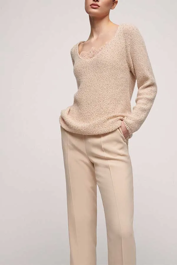 Luisa Spagnoli CONSORTE BEIGE SEQUINNED V-NECK SWEATER