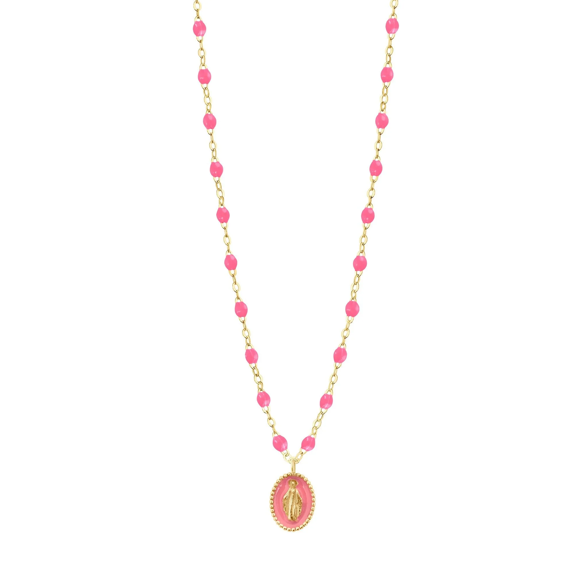 Madone resin charm Classic Gigi Pink necklace, Yellow Gold, 16.5