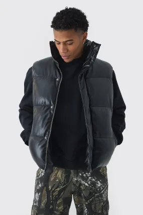 Man Tab Funnel Neck PU Puffer Gilet In Black