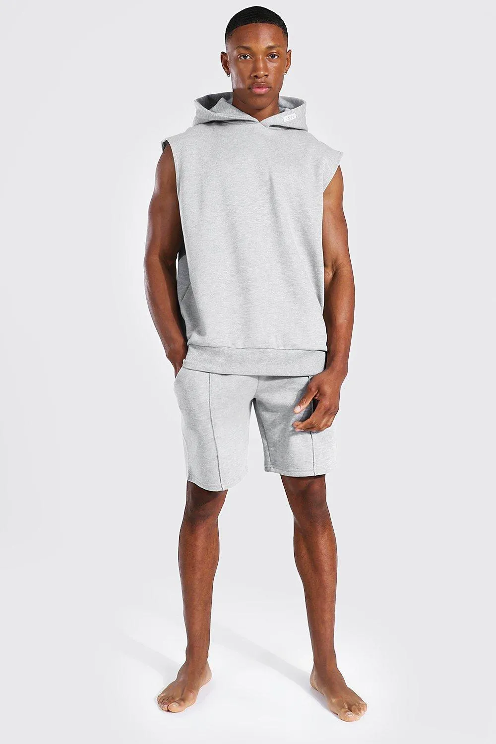 Man Woven Tab Sleeveless Split Hem Hoodie
