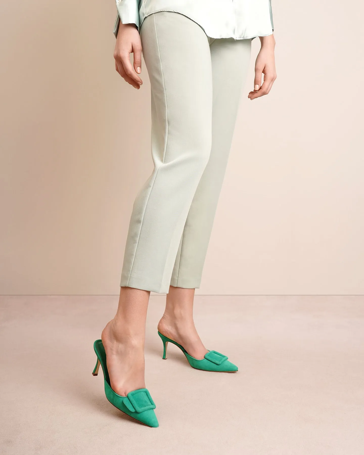 Manolo Blahnik Maysale 70 green suede mules
