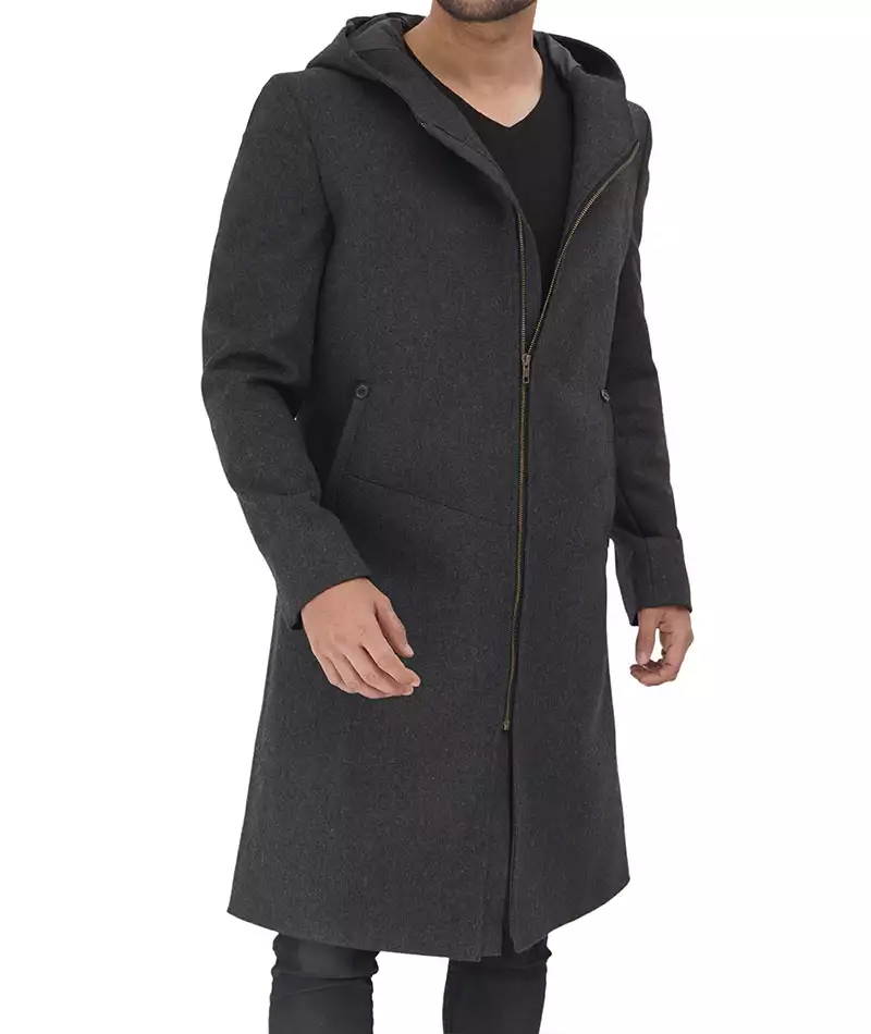 Men's Long Gray Wool Overcoat with Hood