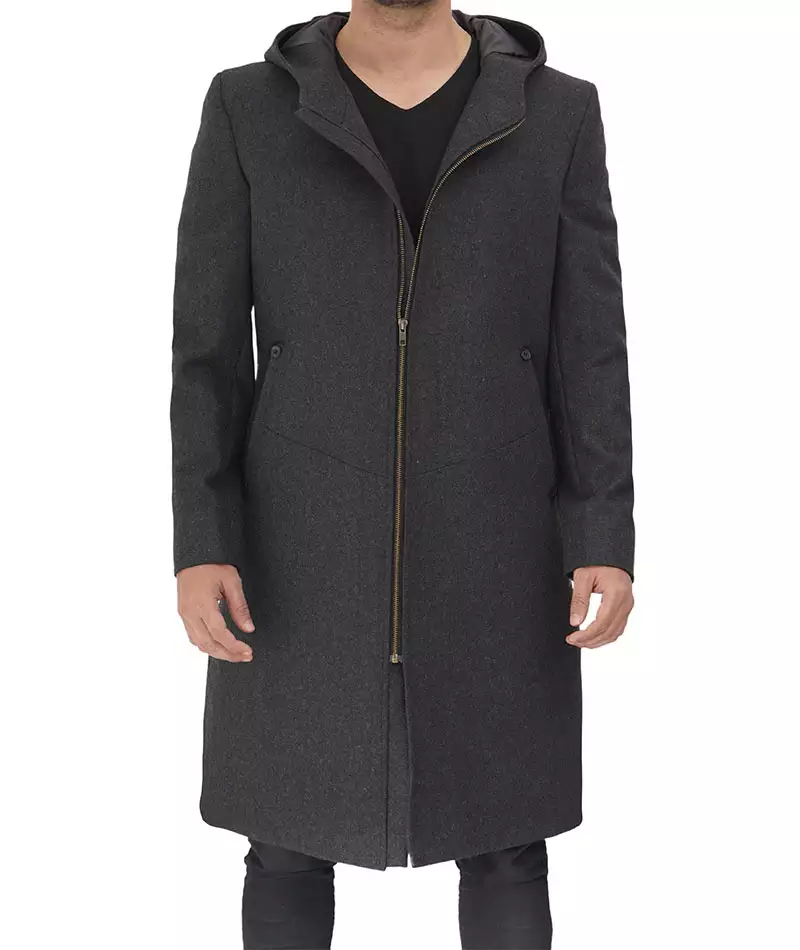 Men's Long Gray Wool Overcoat with Hood