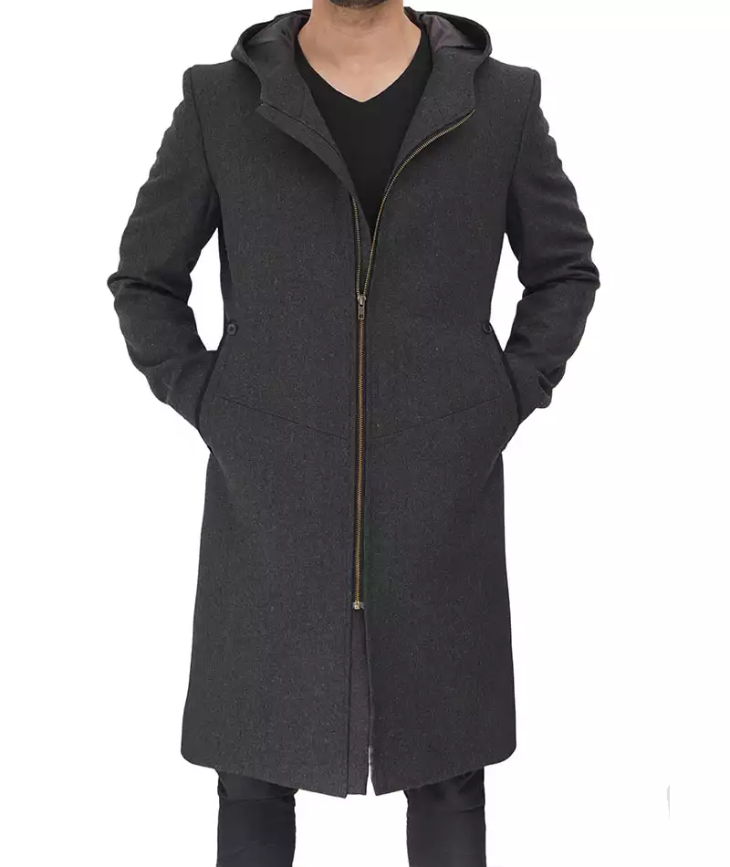 Men's Long Gray Wool Overcoat with Hood