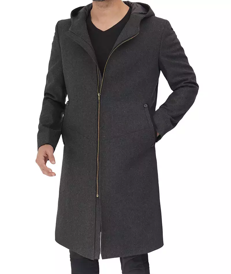 Men's Long Gray Wool Overcoat with Hood