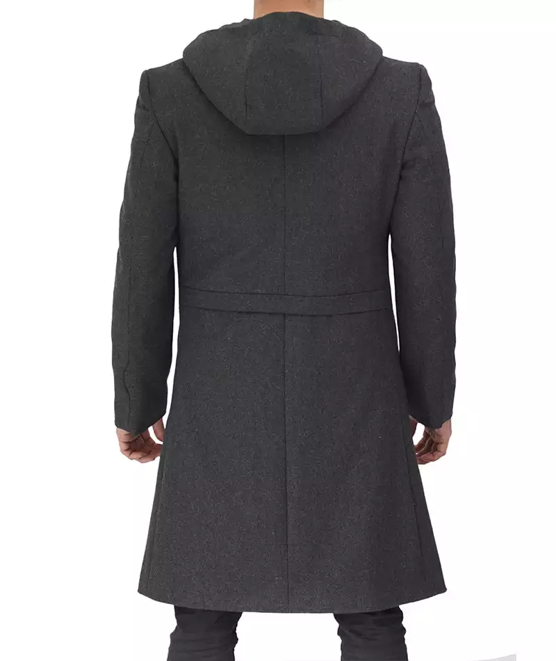 Men's Long Gray Wool Overcoat with Hood