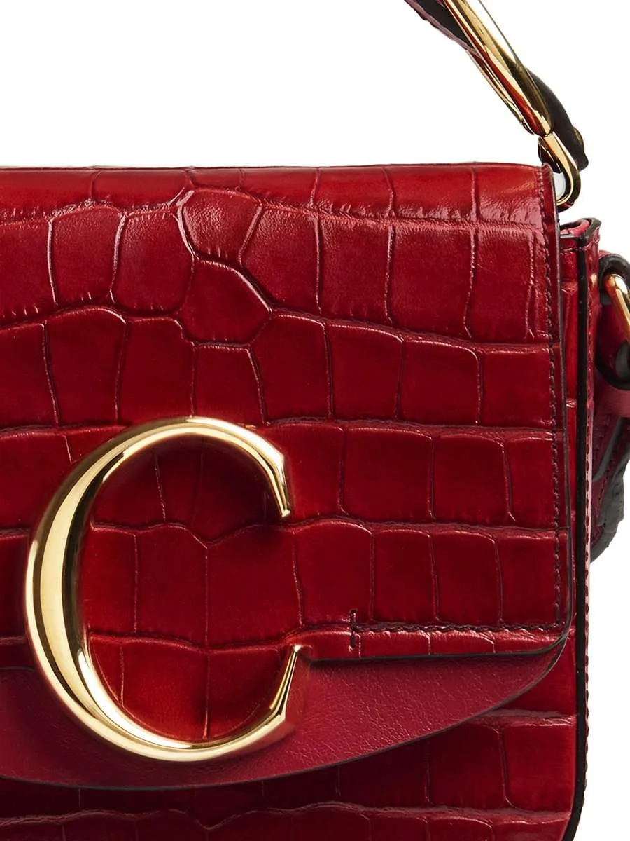 Mini C Dusky Red Croc-embossed Leather Shoulder Bag