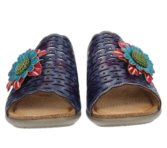 Mules d'été femme Laura Vita en cuir véritable avec décoration florale LILOO 11 bleu