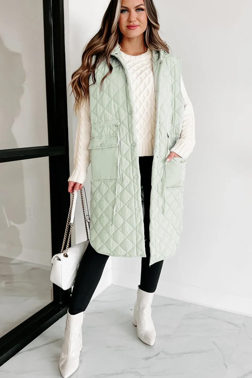 My Missing Piece Quilted Hooded Vest (Sage)