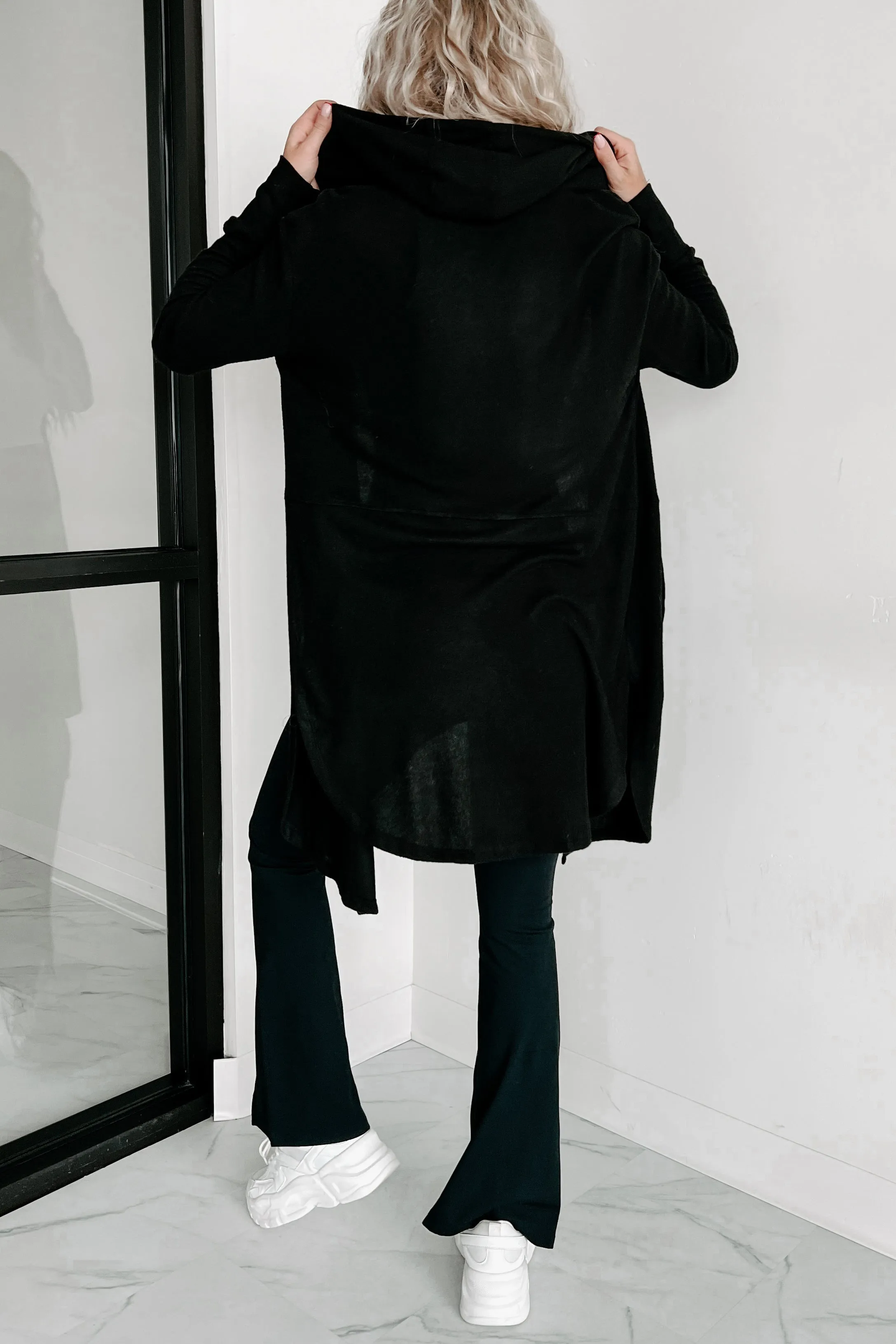 Nadia Open Front Hooded Cardigan (Black)