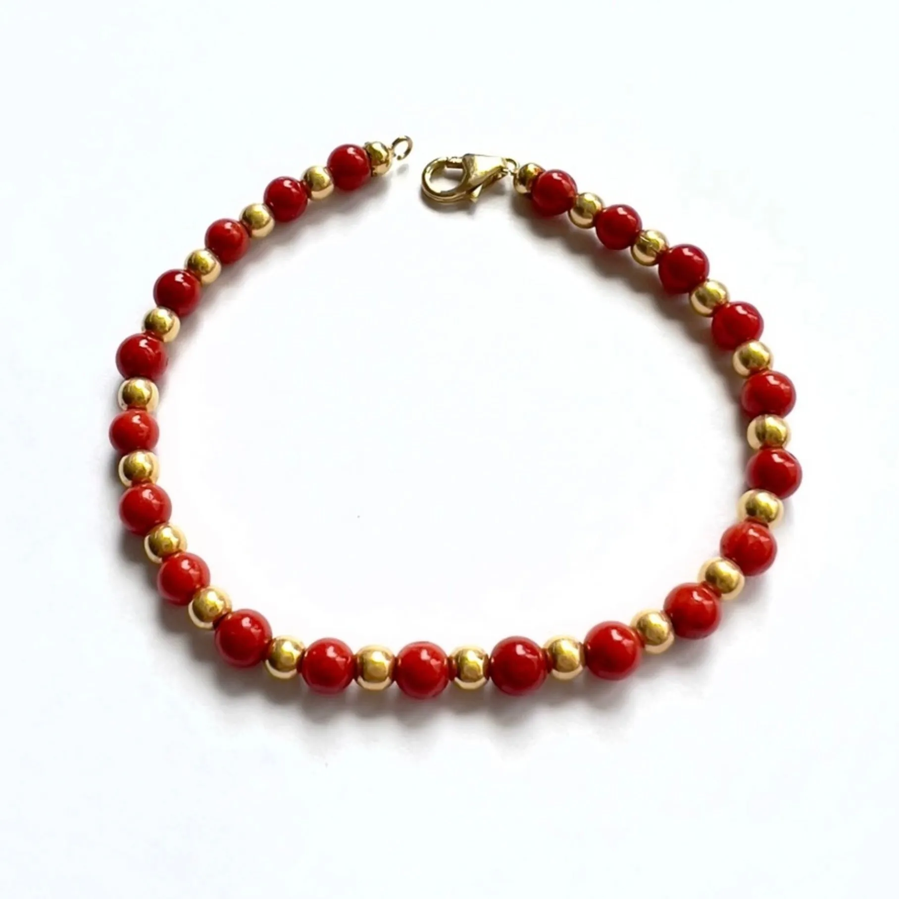 NEW 18K Solid Yellow Gold & Red Corals Beaded Bracelet 5.89g