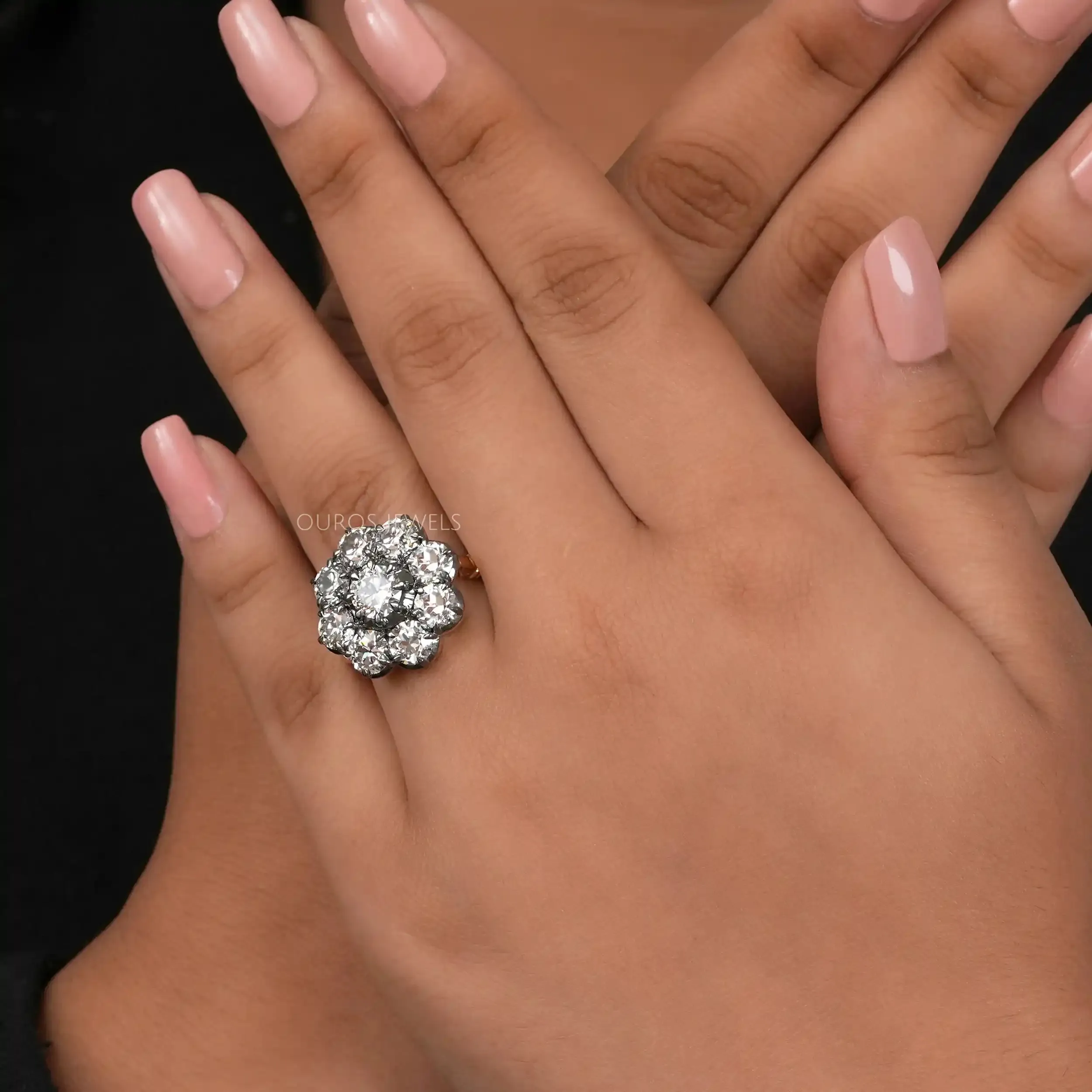 Old European Round Cut Black Coating  Flower Engagement Ring