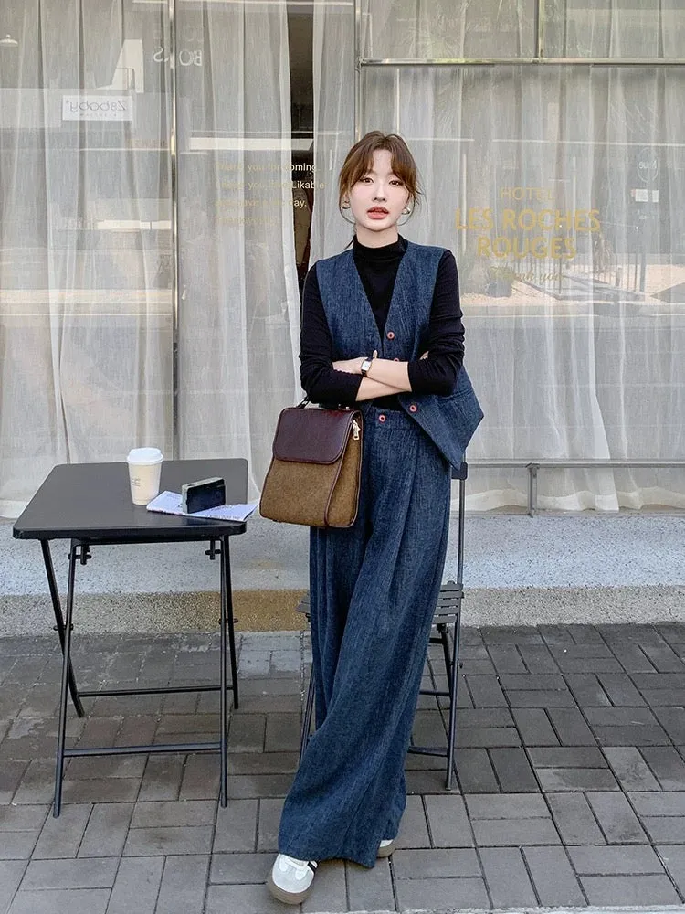 Old money style high-end vest suit for women in early autumn 2024 new Korean style commuting wide-leg pants two-piece suit