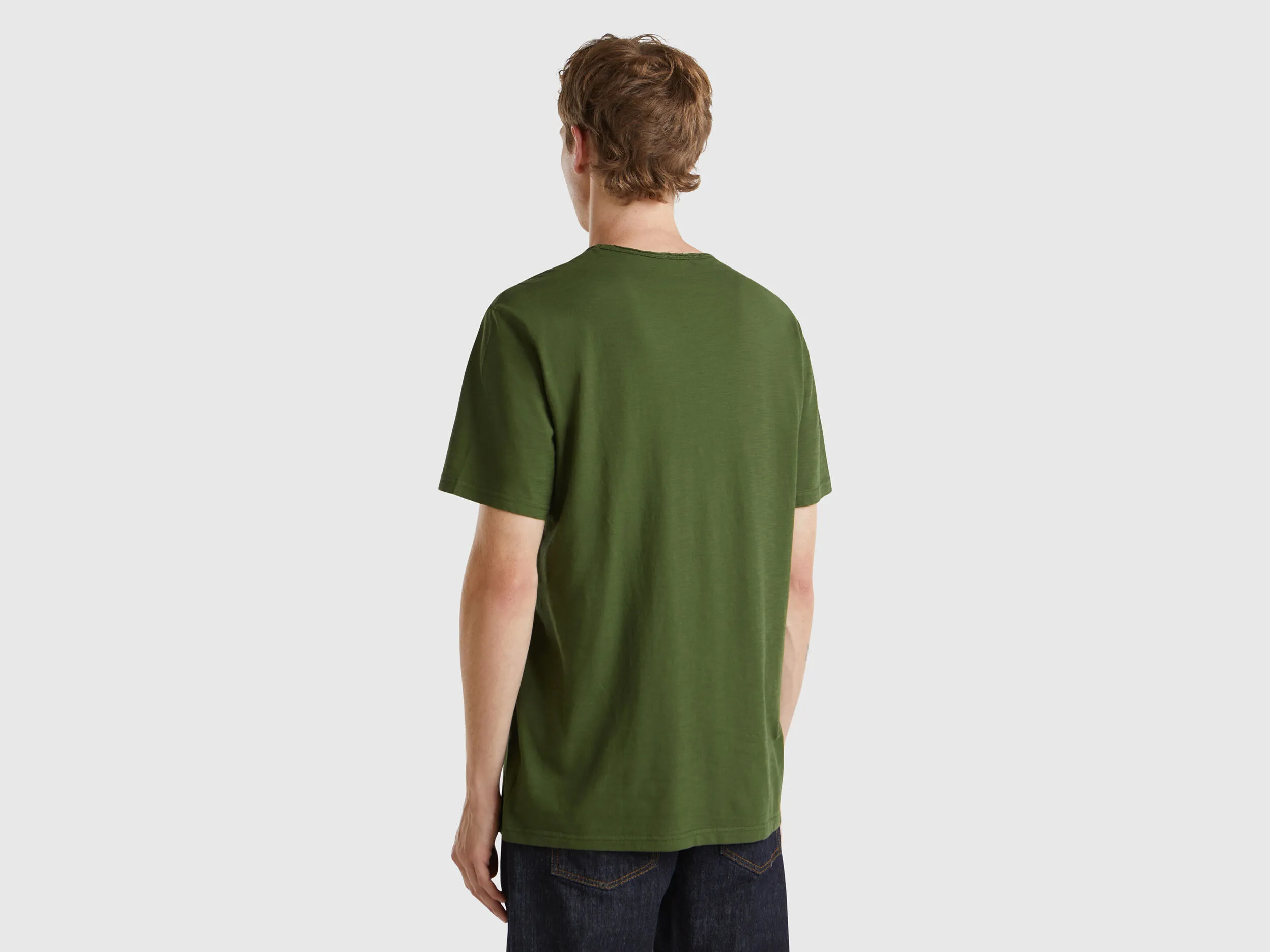 Olive green slub cotton t-shirt - Olive Green | Benetton