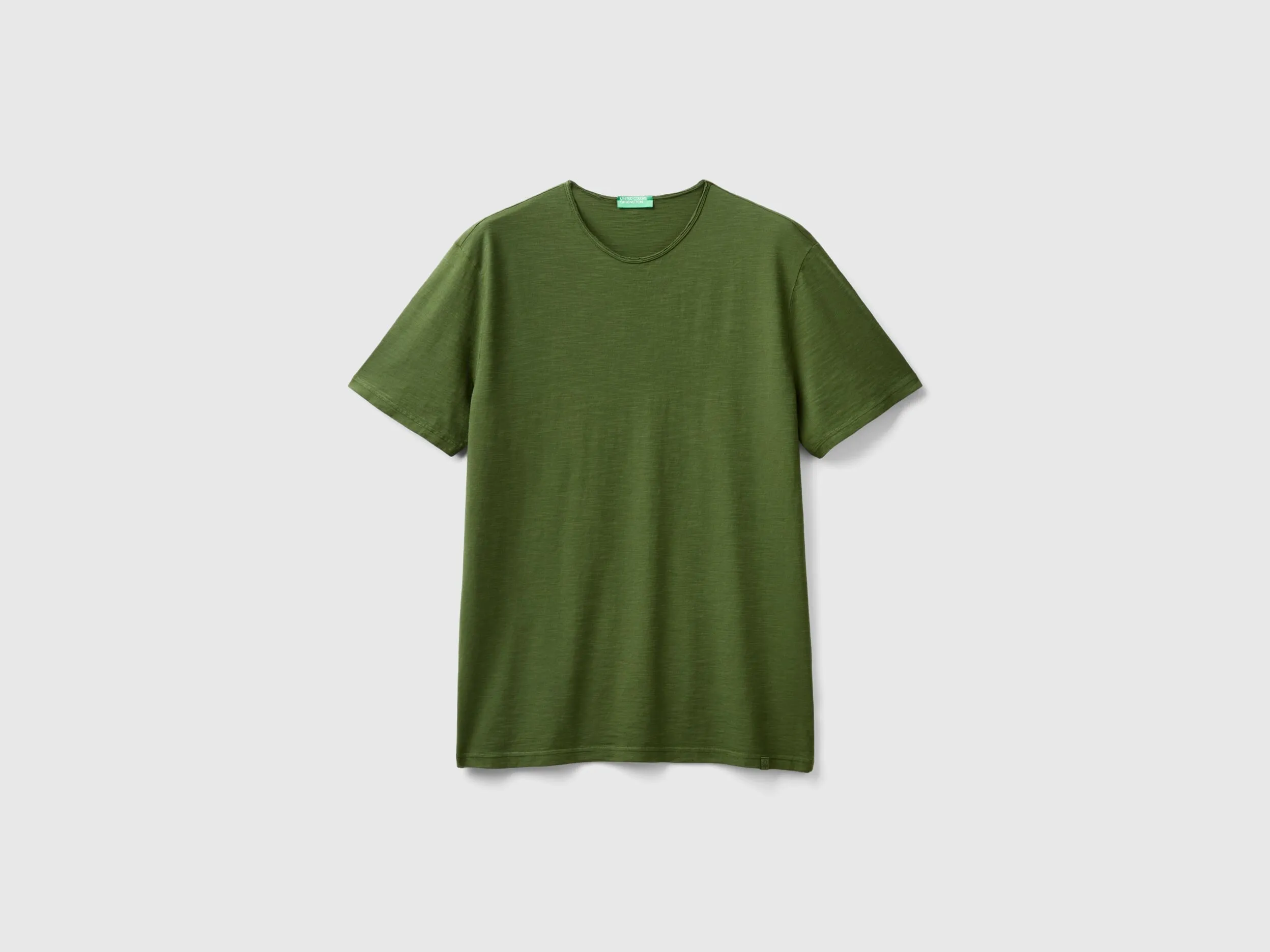 Olive green slub cotton t-shirt - Olive Green | Benetton