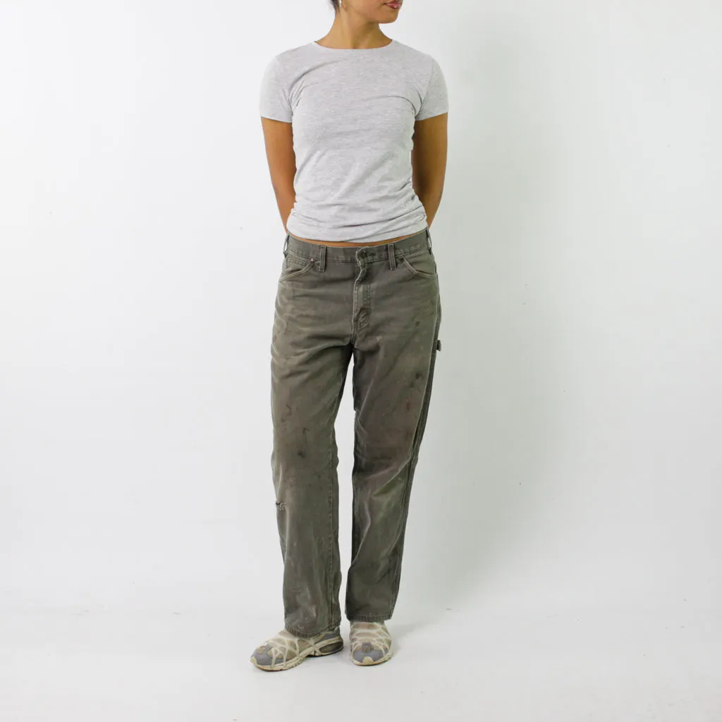 Olive Green y2ks Dickies Cargo Skater Trousers Pants Jeans (34x31)