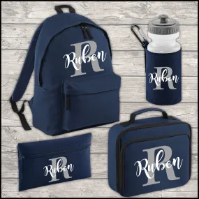 Personalised Initial and Name 9 Litre Backpack Water Bottle Lunch Bag FREE Pencil Case Navy