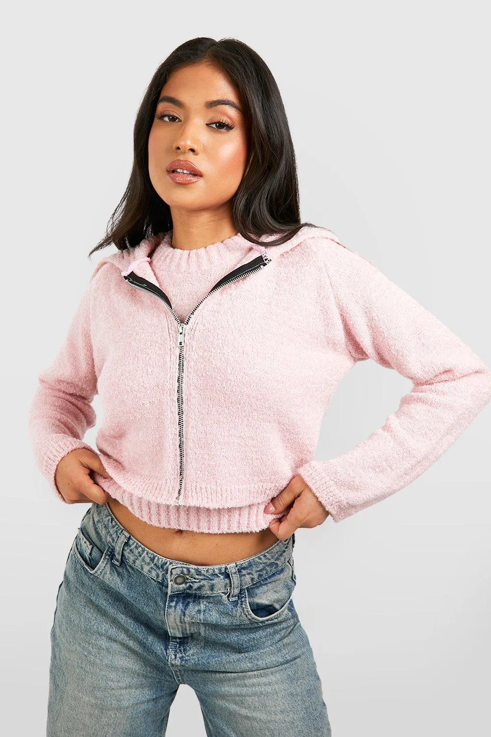 Petite Boucle Zip Through Cropped Cardigan