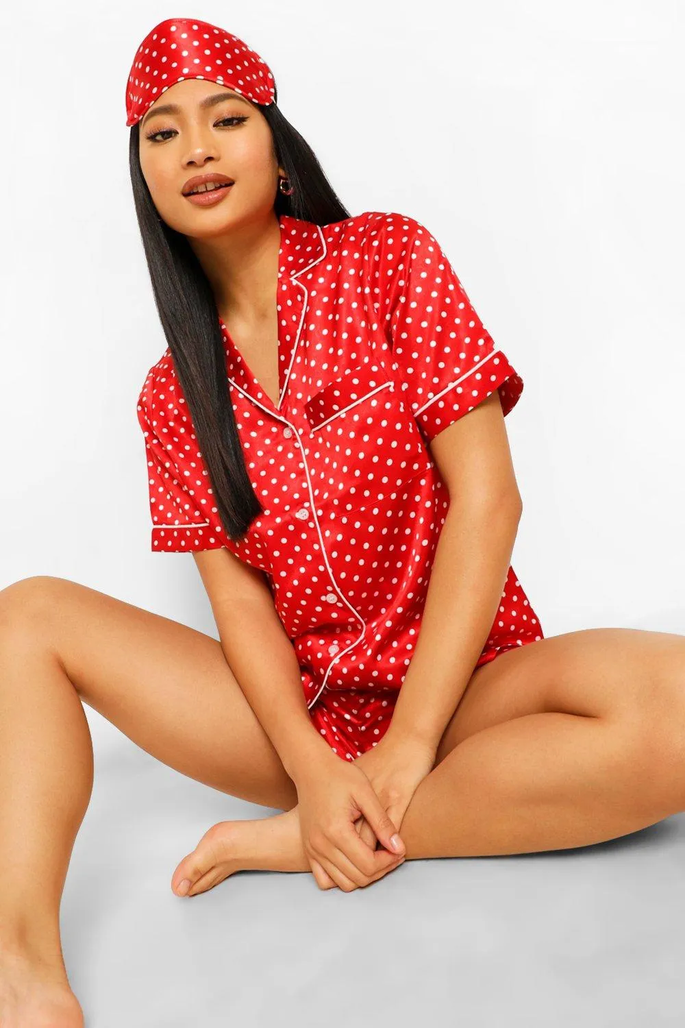 Petite Christmas Satin Polka 3 Piece PJ Short and Eye Mask Set