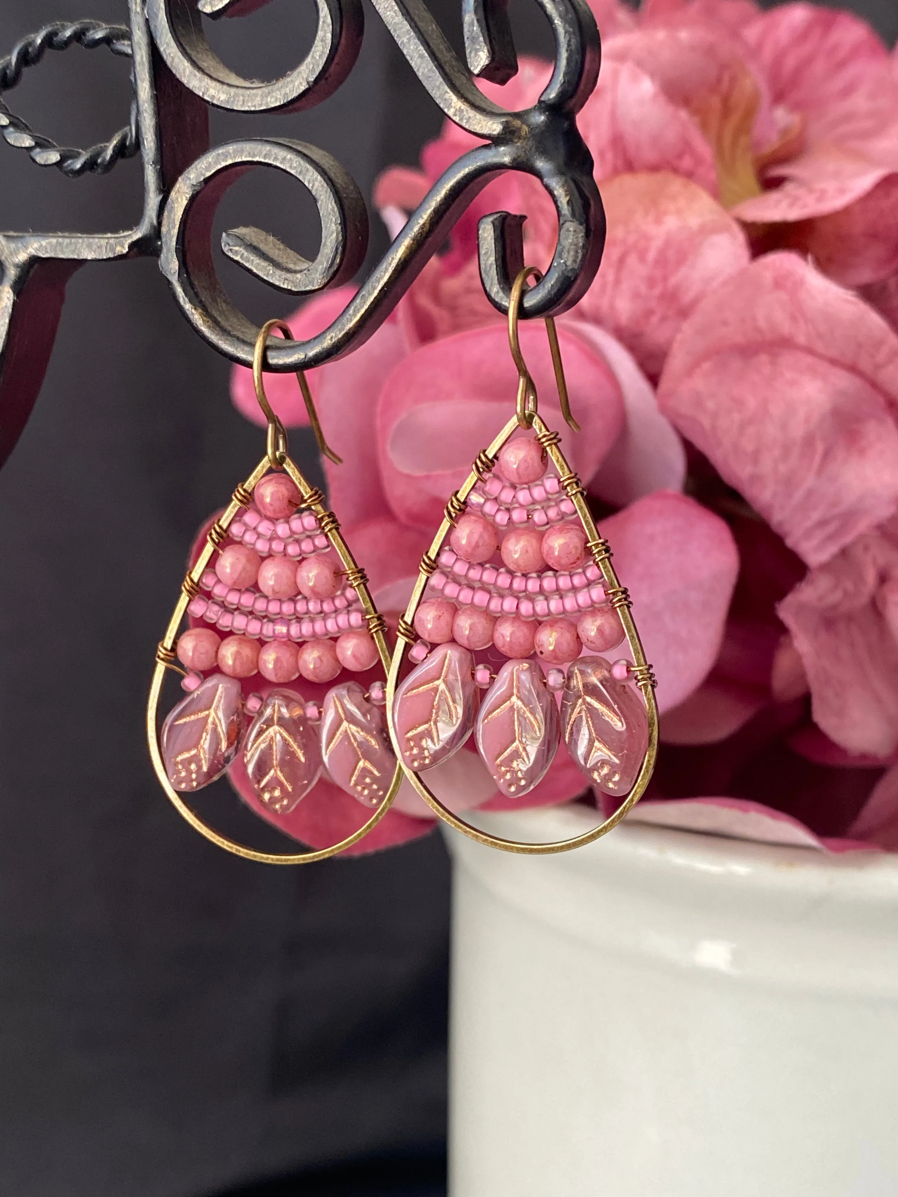 Pink Czech glass leaves, seed beads, hoop, wire wrapped, earrings