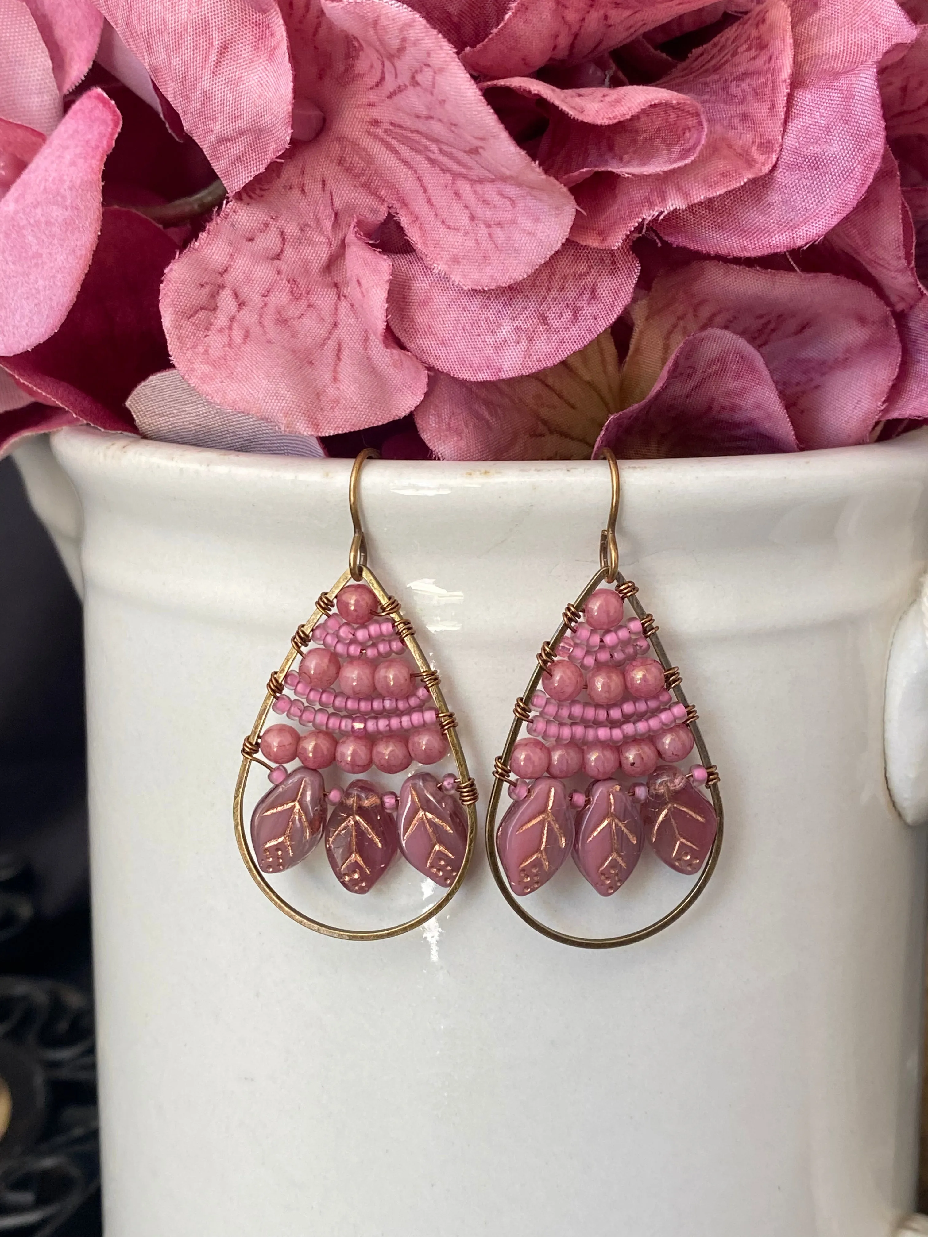 Pink Czech glass leaves, seed beads, hoop, wire wrapped, earrings