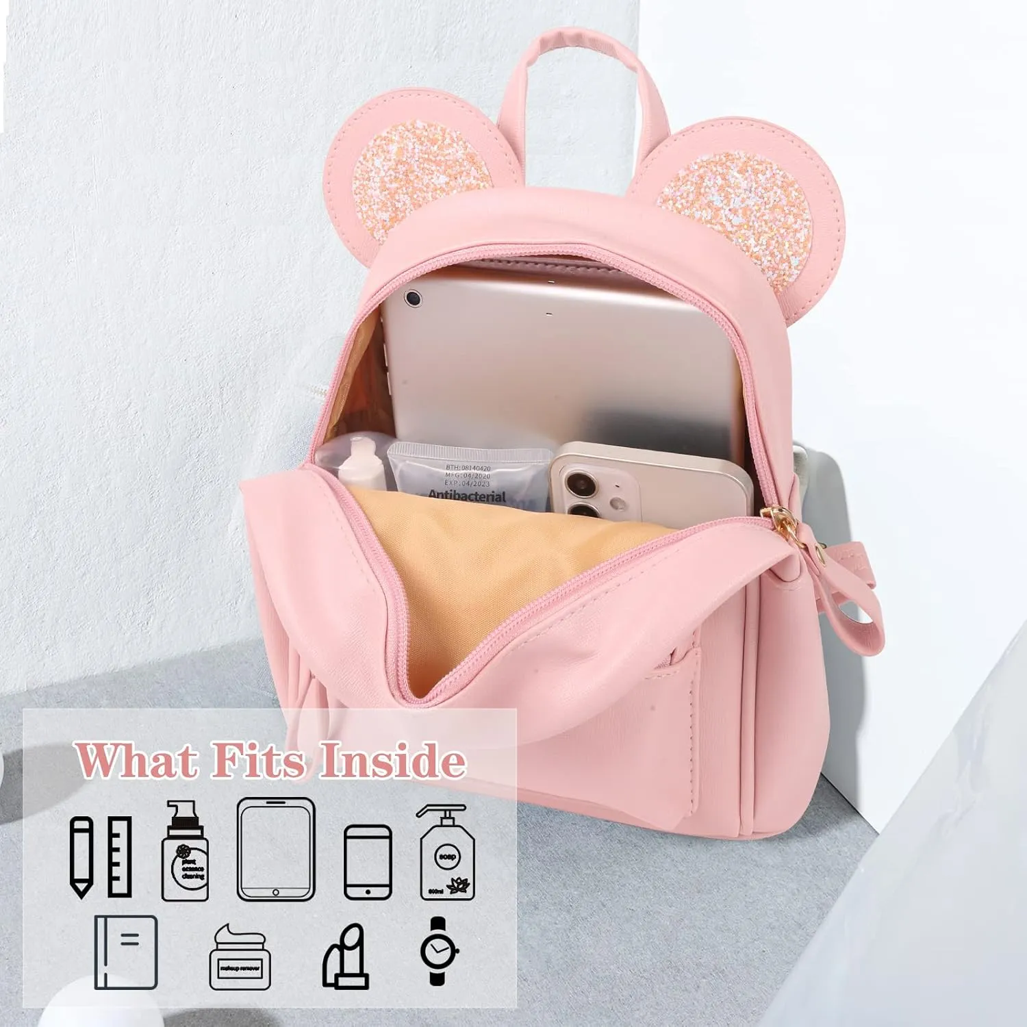 Pink Mini Leather Backpack Sequin bow Mouse Ears
