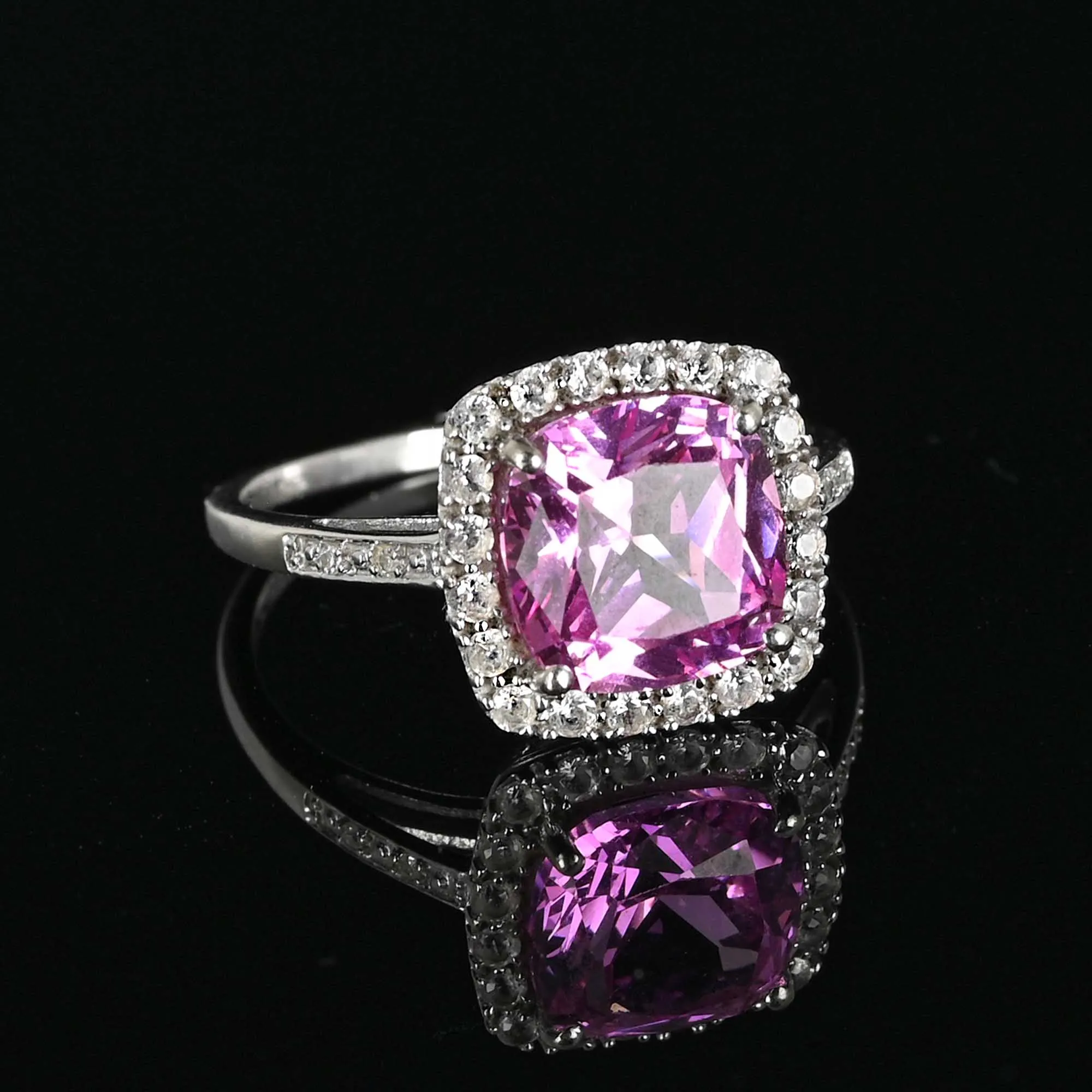 Pink Topaz Sapphire Halo Ring in 10K White Gold