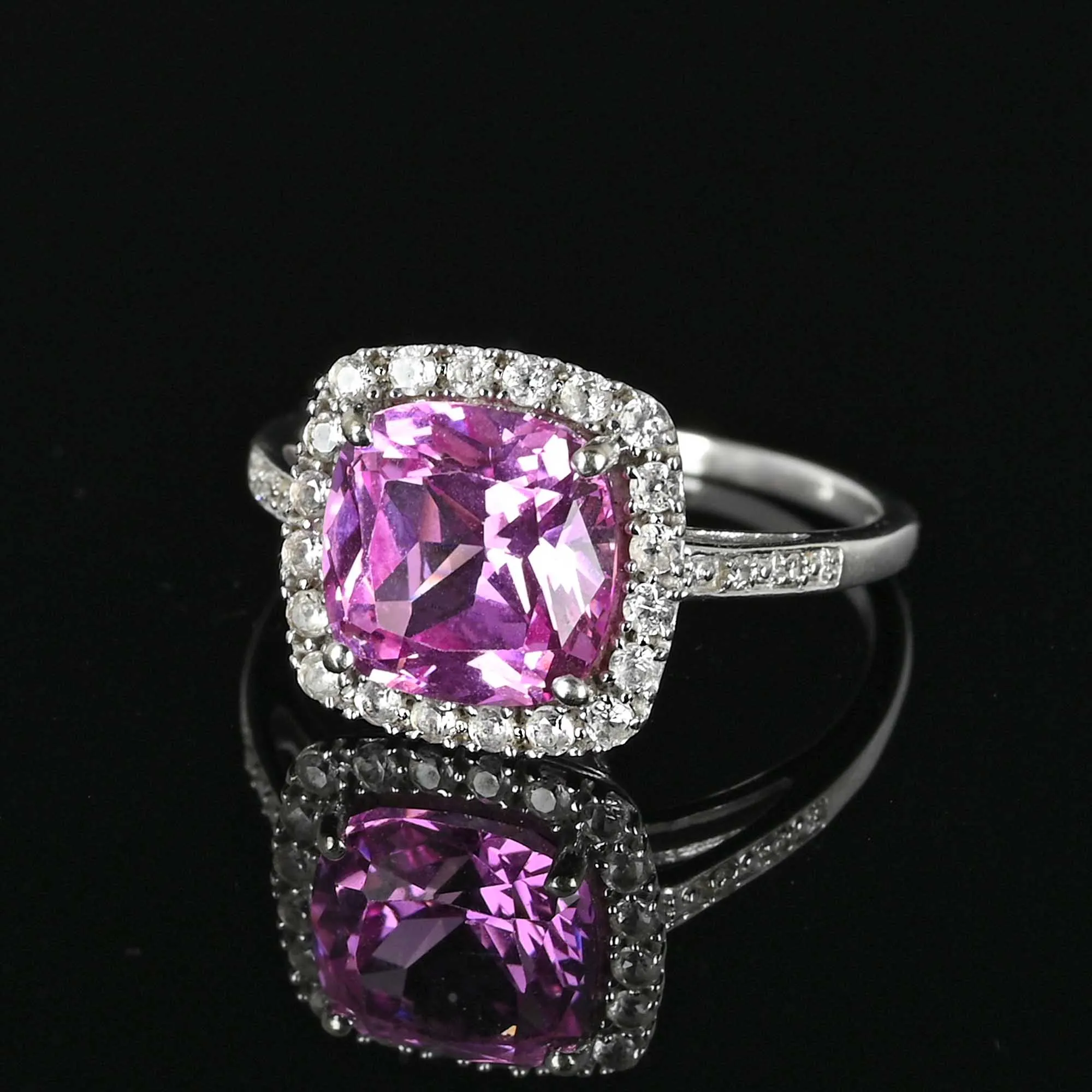 Pink Topaz Sapphire Halo Ring in 10K White Gold