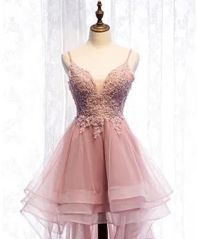 Pink Tulle Lace High Low Prom Dress, Pink Homecoming Dress