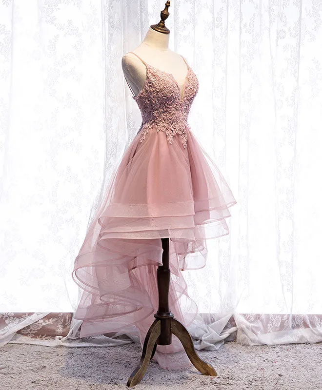 Pink Tulle Lace High Low Prom Dress, Pink Homecoming Dress