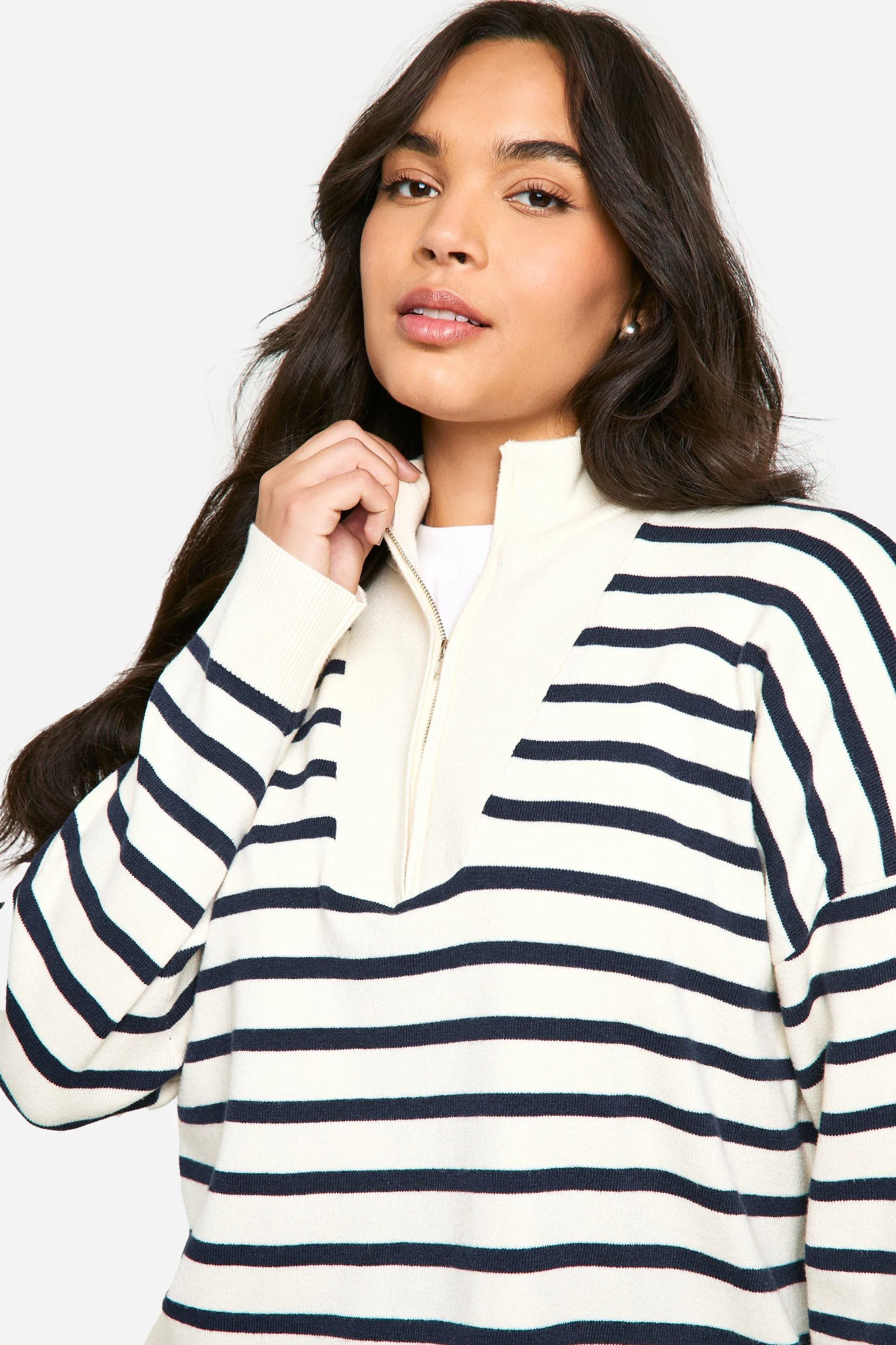 Plus Half Zip Stripped Sweater