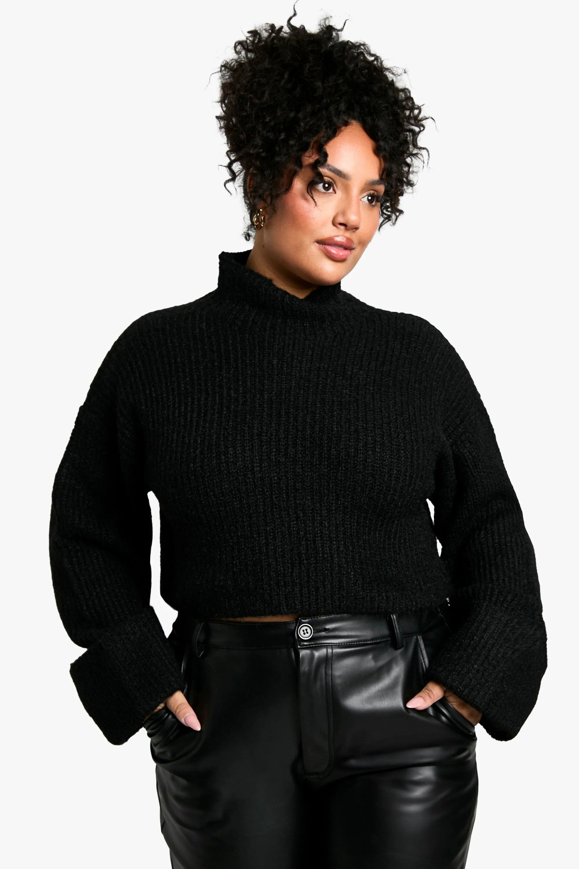 Plus High Neck Oversized Crop Knitted Sweater