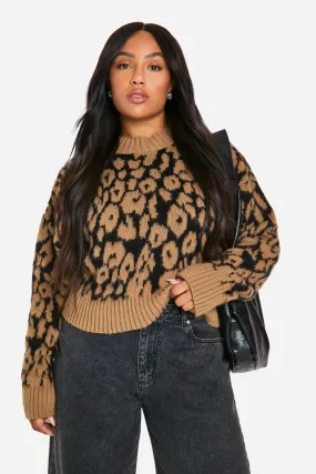 Plus Leopard Ribbed Crew Neck Sweater