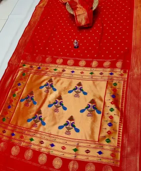 Premium traditional pallu paithani saree - color red with red border