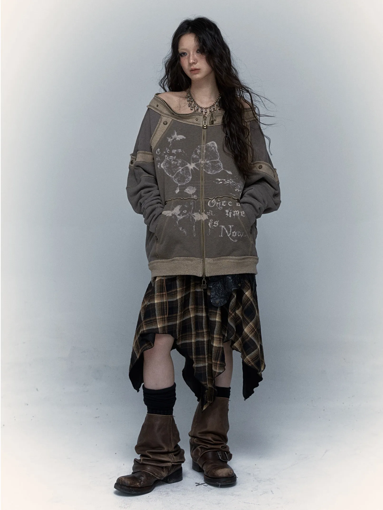 Print Loose Bat Sleeve Hooded Sweat Jacket