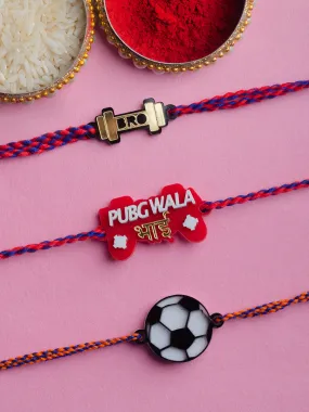PubG + Strongest Bro + Football Fan Set of 3 Rakhis
