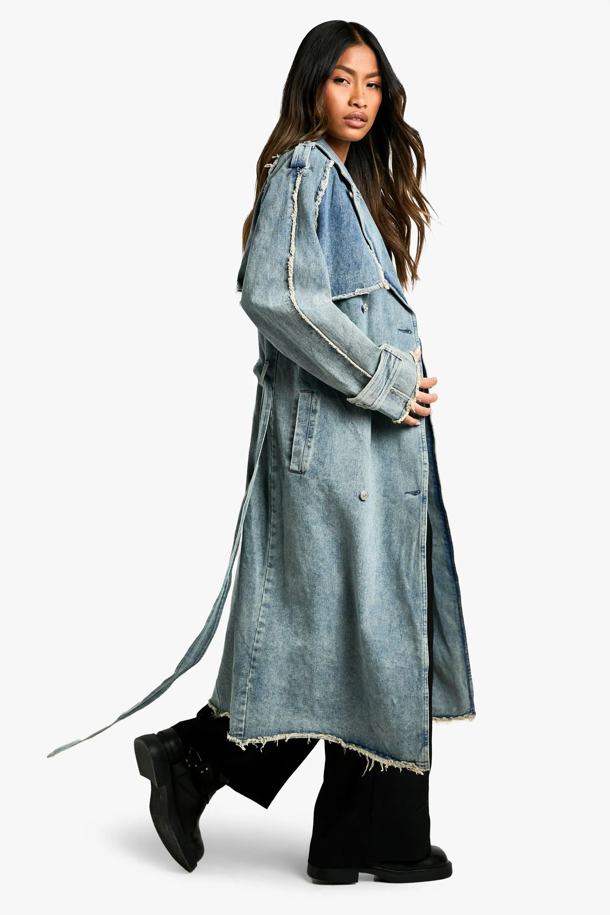 Raw Hem Belted Denim Trench Coat