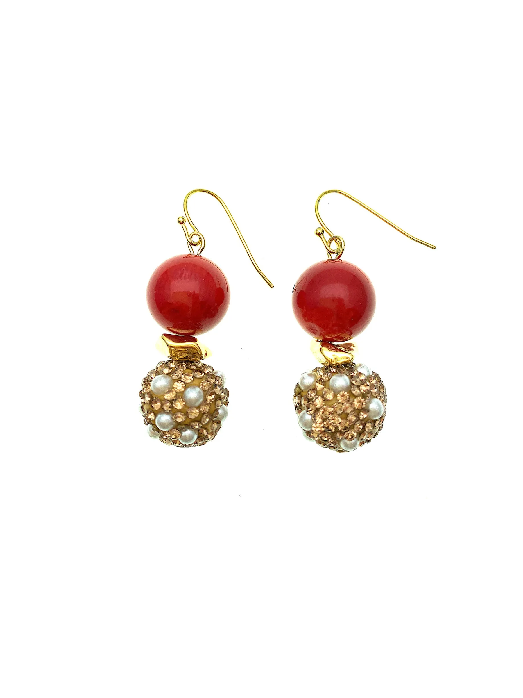 Red Coral With Rhinestones Bordered Pearls Earrings FE006