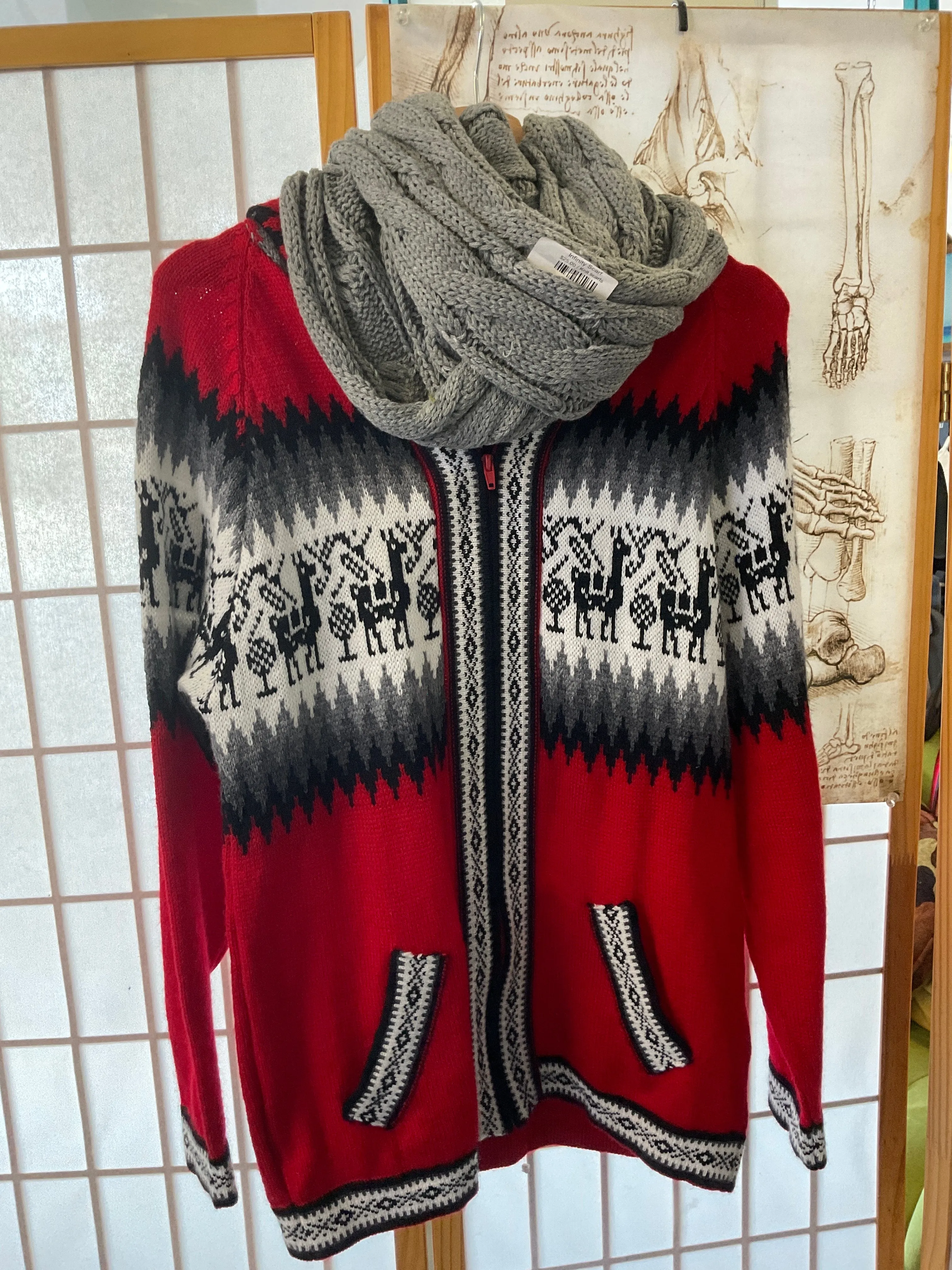  Red Llama Aztec Zip Up Sweater  