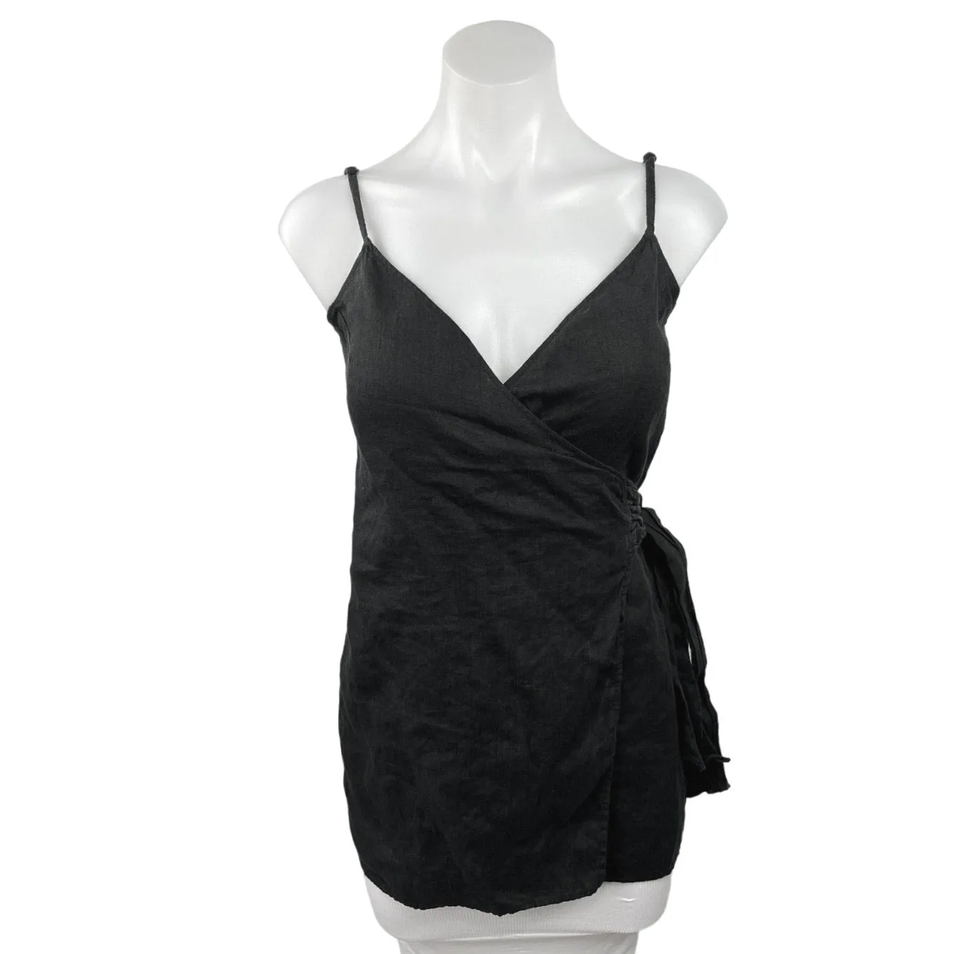 Reformation Jeans Black 100% Linen Summer Sleeveless Spaghetti Strap Wrap Top S