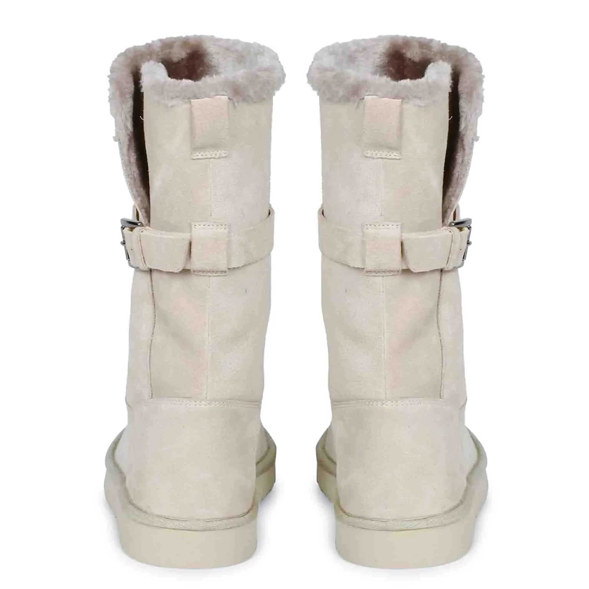 Saint Aurelia Buckle Decorative Ivory Suede Leather Snug Boots