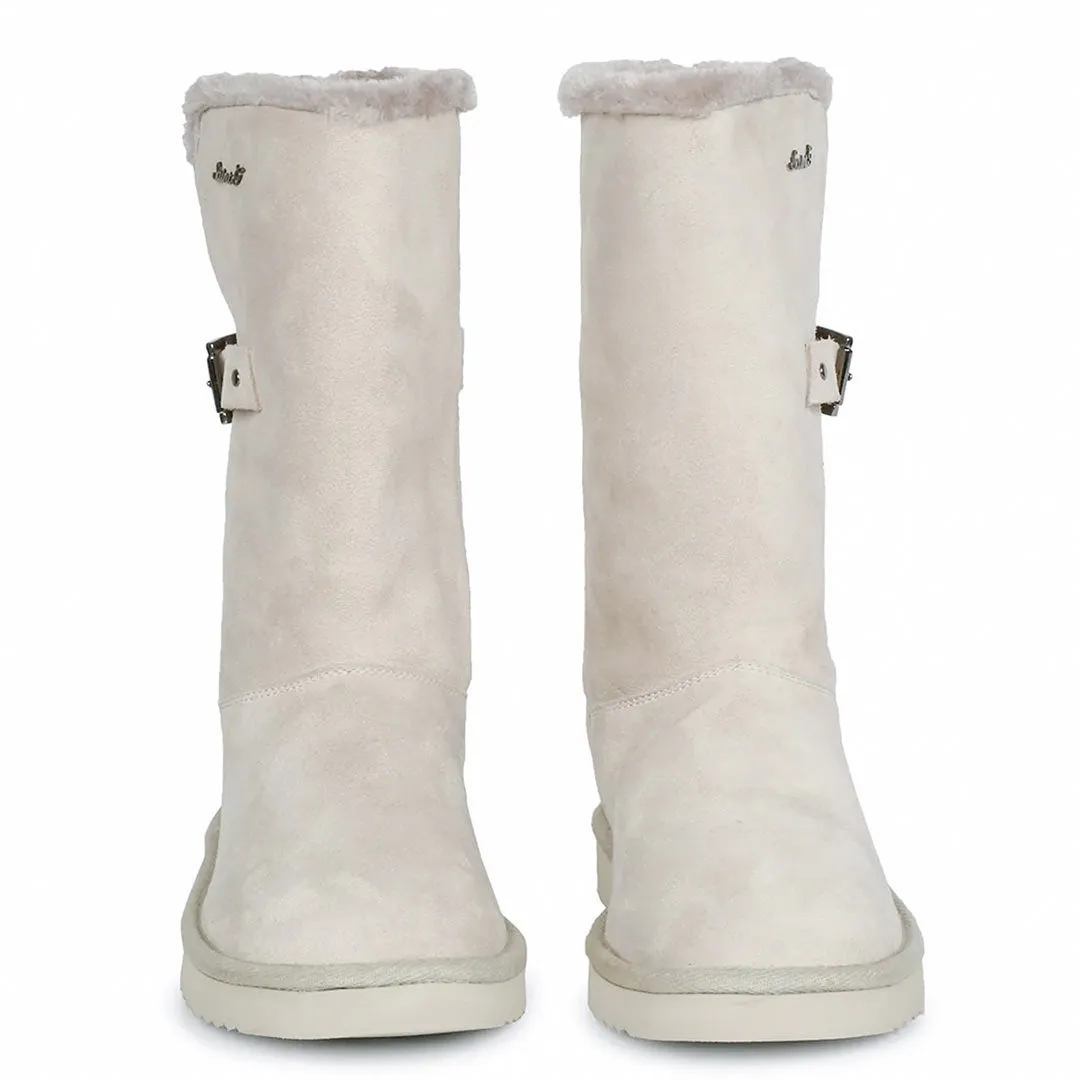 Saint Aurelia Buckle Decorative Ivory Suede Leather Snug Boots