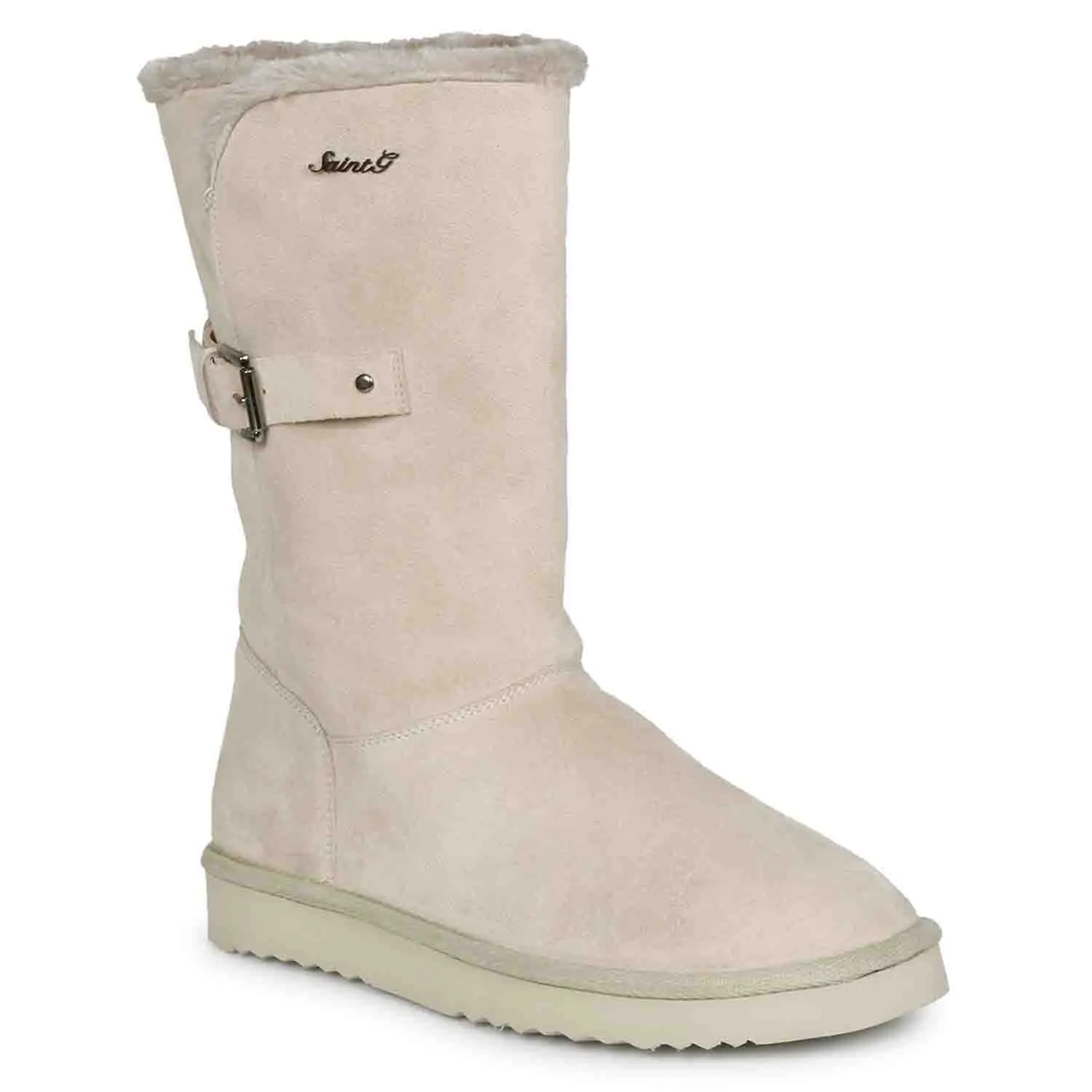 Saint Aurelia Buckle Decorative Ivory Suede Leather Snug Boots