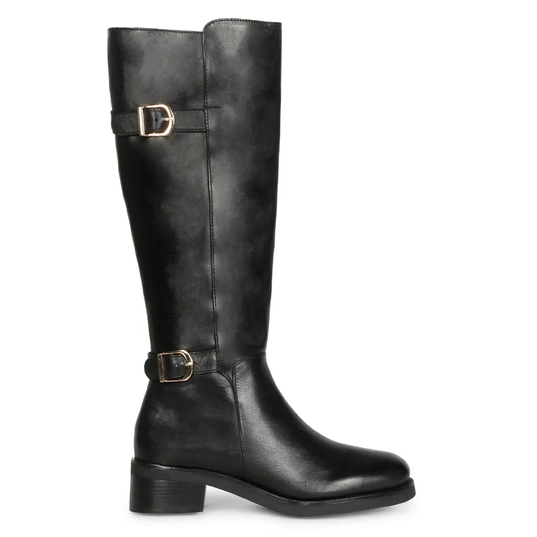 Saint Bijou Buckle Decorative Black Leather Long Boots