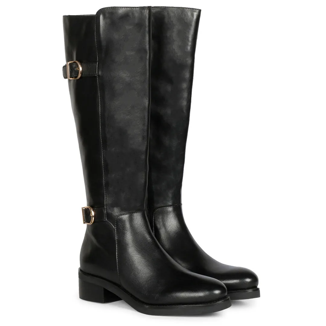 Saint Bijou Buckle Decorative Black Leather Long Boots