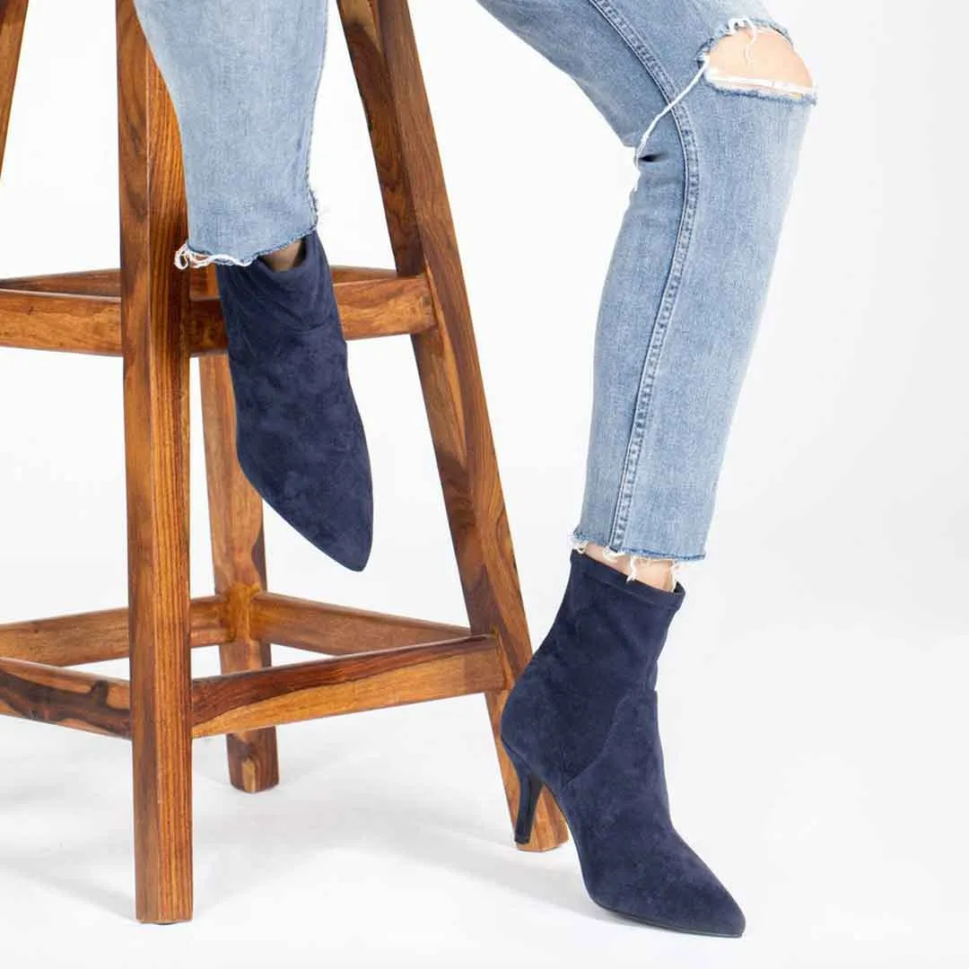 Saint Jemima Blue Stretch Suede Kitten Heel Ankle Boots