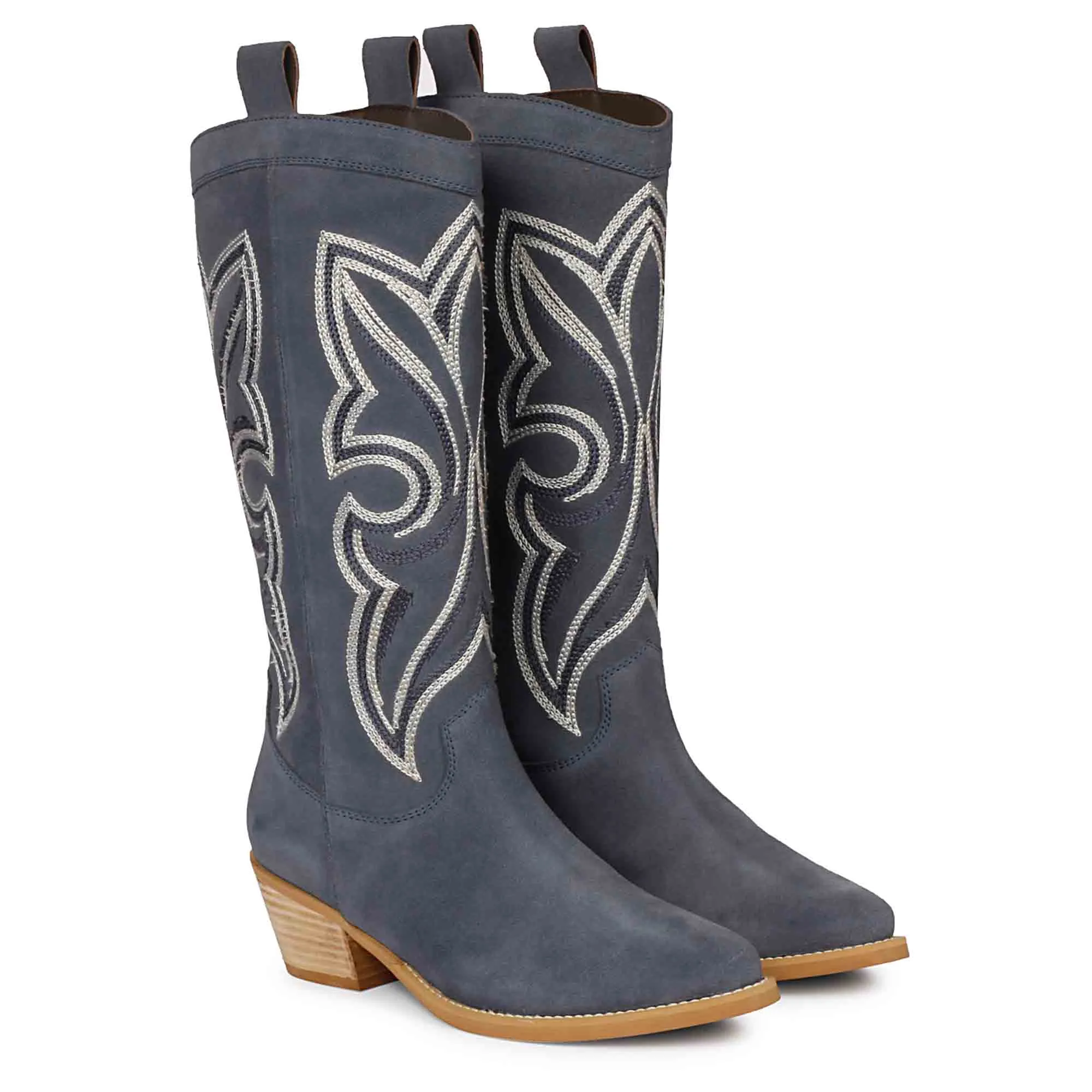 Saint Martina Denim Stitched Leather Cowboy Boots