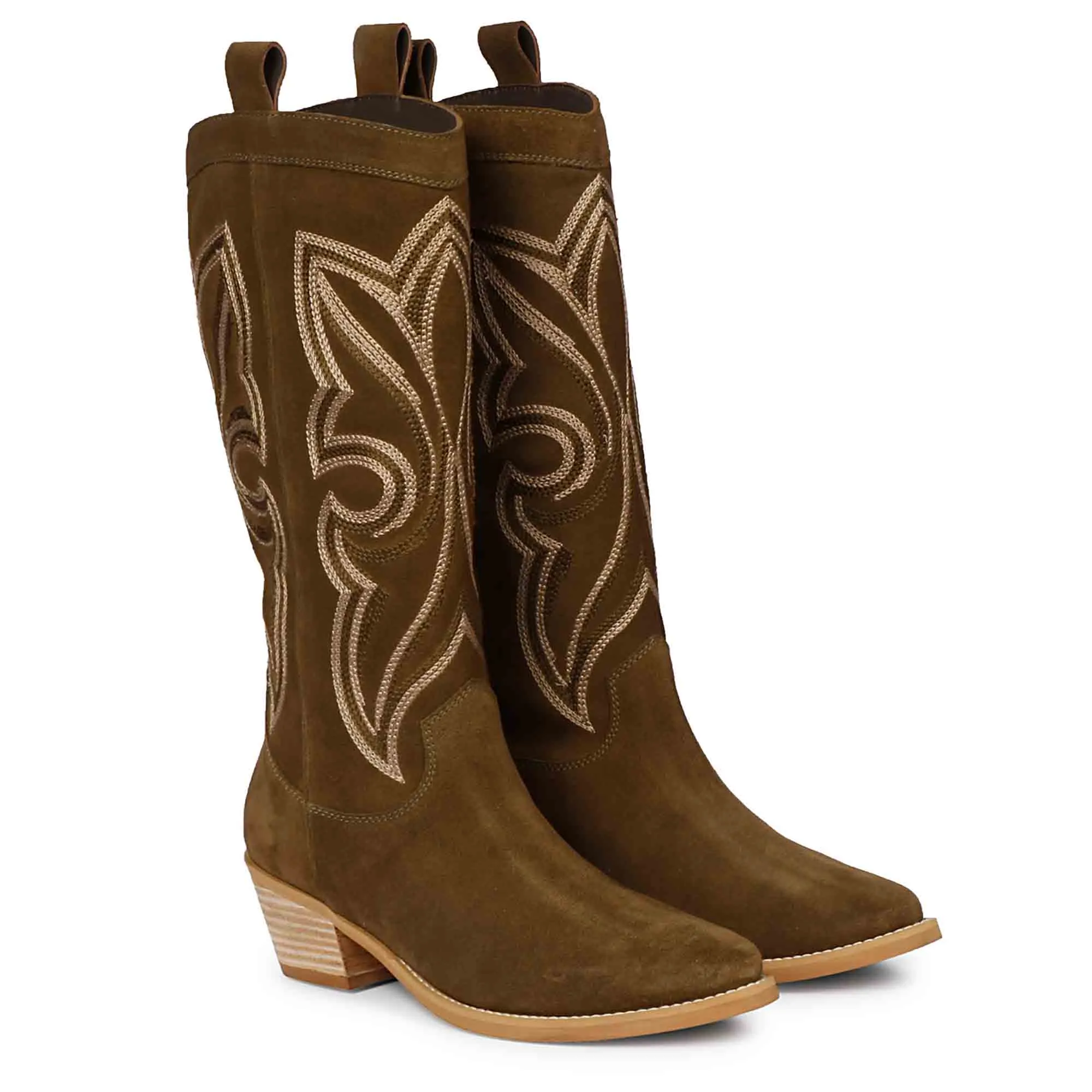 Saint Martina Khaki Stitched Leather Handcrafted Cowboy Boots