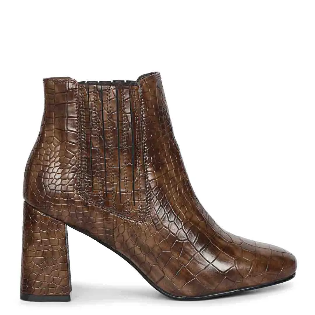 Saint Milana Brown Croco Embossed Vegan Leather Ankle Boots