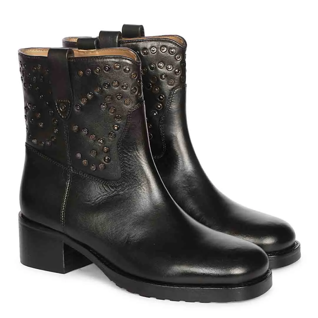 Saint Orly Black Leather Studded High Ankle Boots